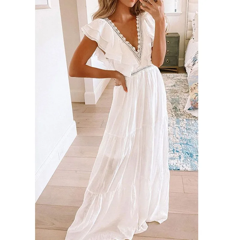 

Ordifree 2022 Summer Women Maxi Party Dress Sleeveless V Neck White Lace Crochet Vocation Tunic Long Beach Dress