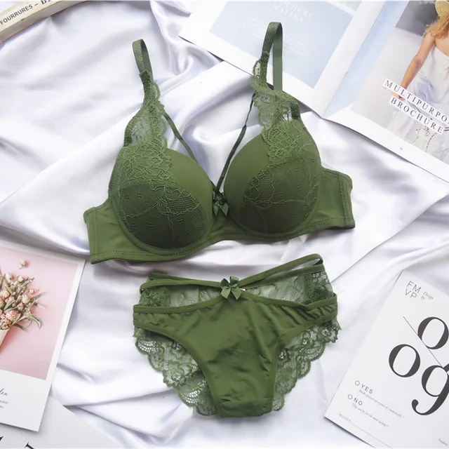 Underwear For Women Sexy  Lace Push Up Bralette Section Breathable Female Large Underwear Set  Plus Size Lingerie Bra Green