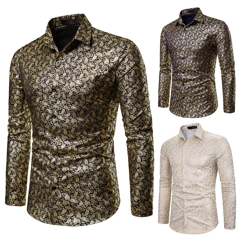 

2019 Spring And Autumn New Style Hot Selling Nightclub Men's Fold-down Collar Paisley Bronzing Printed Long-sleeved Shirt Men's
