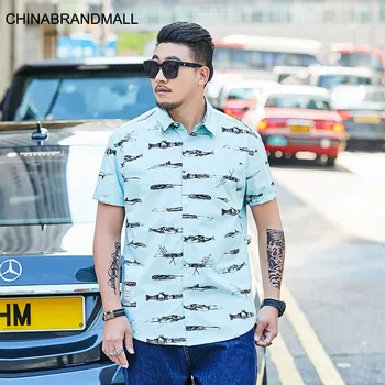 

super Brand Big size Men's Wear Plus Fat Plus Long Sleeve Shirt Trend Printing Leisure Fat Fat Man Shirt