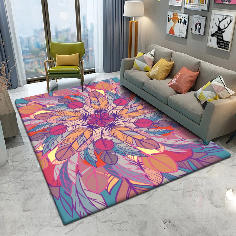 New Elegant Mandala Feather Flower Pattern Carpet Non-slip Rug Mat Soft Fluffy Flannel For Room Bedroom Living Decorative | Дом и сад