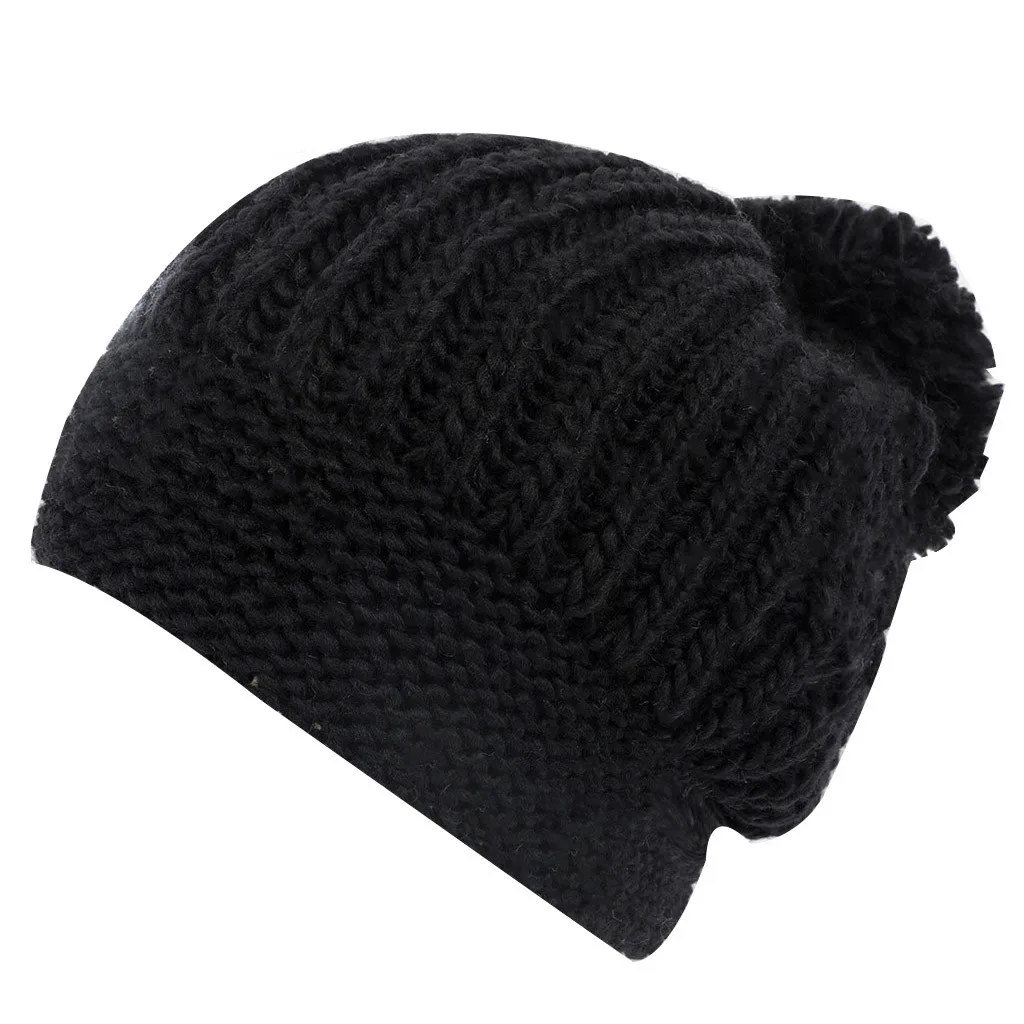 Унисекс, одноцветная флисовая шапка для женщин, зимняя подкладка, головной убор, вязаная шапка, шапки, толстые уличные шапки для женщин, осенние с помпоном - Цвет: Black
