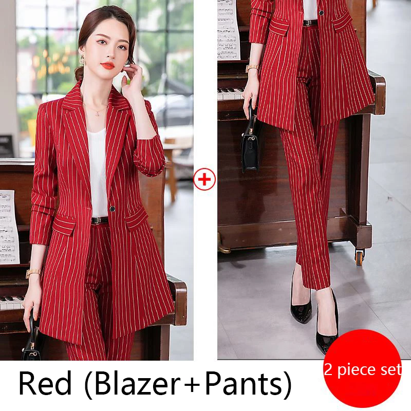 red pants suit Новое поступление, Женский Длинный блейзер размера плюс, брюки/юбка, костюм, темперамент, 2 шт, наборы, офисный женский полосатый костюм, комфортные брюки, костюмы - Цвет: red pants suit