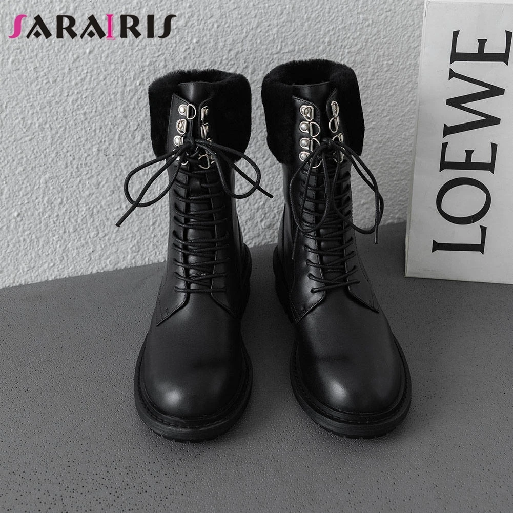 

SARAIRIS Fashion Female Lace Up Buckle Boots 2020 Casual Chunky Hels Boots Women Mid Calf Genuine Leather Shoes Woman
