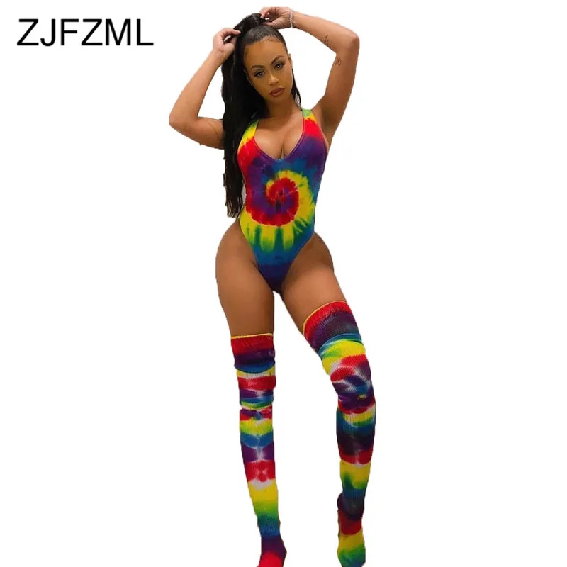 Rainbow Tie Dye Sexy Beach Bodysuits Women Deep V Neck Sleeveless One Piece Overall Summer High Waist Party Playsuit With Sock Rainbow Tie Dye Sexy Beach Bodysuits Women Deep V Neck Sleeveless One Piece Overall Summer High Waist Party Playsuit With Sock