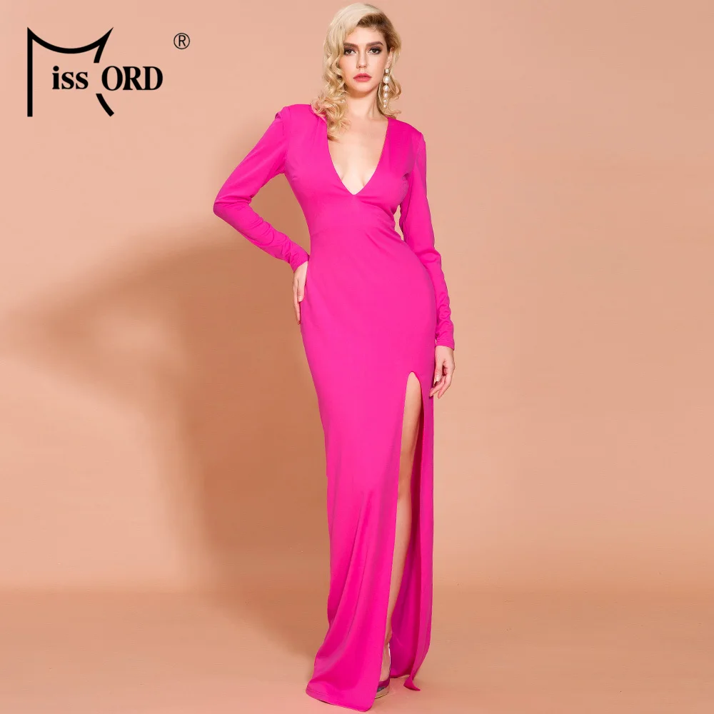 

Missord 2019 Autumn and Winter Deep V Long Sleeve Solid Color High Split Women Elegant Maxi Dress FT19806