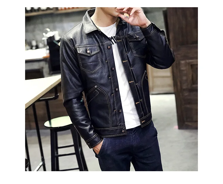 Men Trend Leather Coat Fold-down Collar Youth Autumn& Winter Leather Jacket Multi-pockets Slim Fit PU Leather Hair