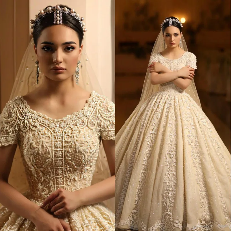Роскошные сексуальные свадебные платья в арабском стиле, Украшенные бусинами и жемчугом, бальное платье, свадебные платья с кружевной аппликацией, потрясающие свадебные платья