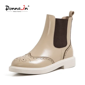 

Donna-in Women Genuine Leather Boots Carved Ankle Boots Fashion Chelsea Low Heels Female Booties Autumn 2020 New Ladies Shoes