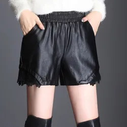 Nova cintura alta shorts rendas retalhos ampla perna de couro shorts outono inverno coreano solto high street preto sexy feminino shorts