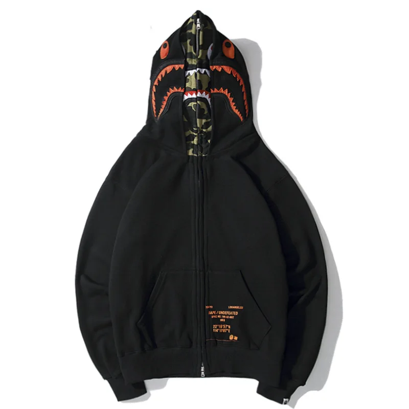 

Popular Brand Joint-Camouflage Double Cap Shark Embroidered Zipper plus Velvet Hoodie MEN'S Outerwear