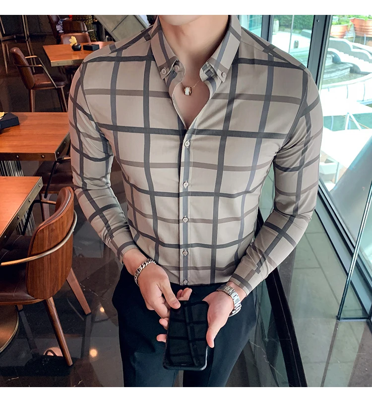 Camisa Masculina/осенне-зимние рубашки в клетку, Мужская Уличная одежда с длинным рукавом, мужские повседневные рубашки обтягивающий официальный костюм, блузки для мужчин