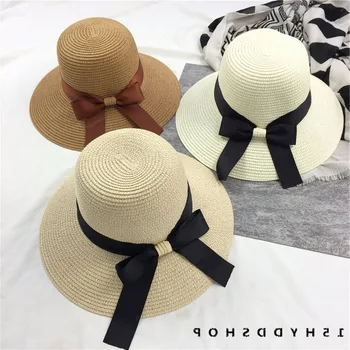 

Parent and Child CHILDREN'S Straw Hat Foldable Topee Children Spring and Summer Tianyuan Top Bow Bowler Hat Holiday Beach Hat