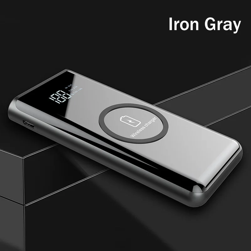 Power Bank 10000 мА-ч, беспроводное зарядное устройство YKZ светодиодный дисплей портативное зарядное устройство power bank с светодиодный фонарик внешняя батарея для iPhone - Цвет: Iron Gray