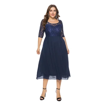 

Affordable Navy Blue Lace Tea Length Mother of the Bride Dresses With 3/4 Sleeves Wedding Party Gowns Scoop Neckline