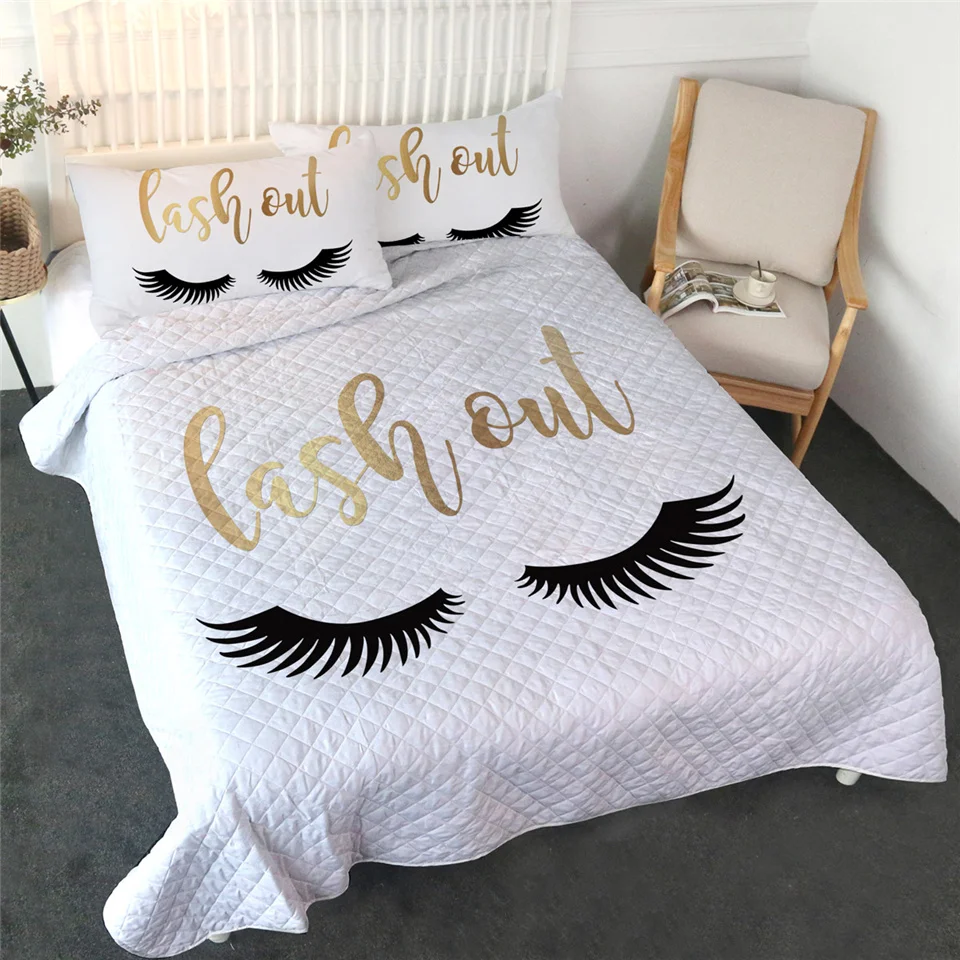 BlessLiving Eyelash Coverlet Set Cute Eyes Gold Black Bed Quilt Set 3-Piece Modern Bedspreads for Fashion Girls Summer Blanket