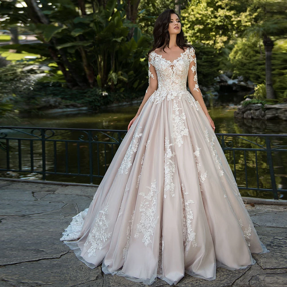 

Custom Made A-line Wedding Dresses 2020 Robe De Mariee Long Sleeve Buttons Up Back Appliques Bridal Gowns China Mariage