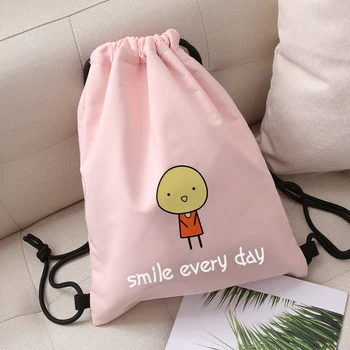 

2019 New Cute Cartoon Smile Every Days Drawstring Pocket Student Girl Boy Kid School Bag Backpack Nylon Waterproof Outdoor Bags