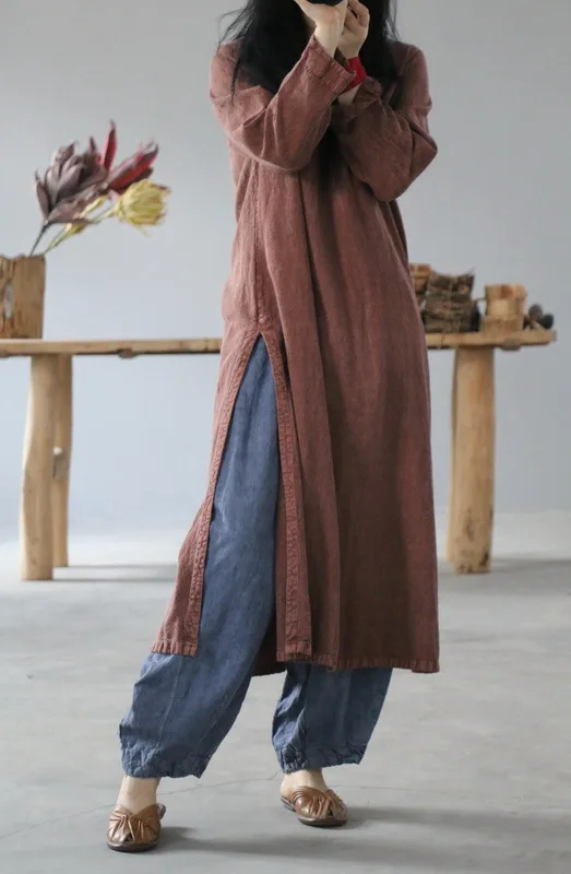 Хлопковое льняное платье женское с v-образным вырезом Винтажное с длинным рукавом осень зима сплошной цвет Свободный Повседневный женский халат YoYiKamomo