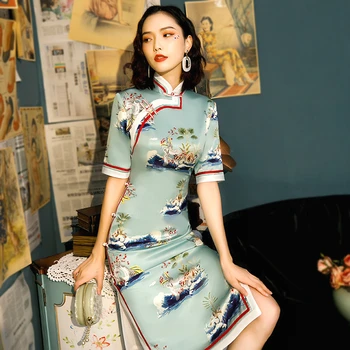 

Sheng Coco Teenage Girl Chinese Dress sky blue Cheongsam Knee-length Qipao Chinese Classical Painting Print Dresses Silk Chipao