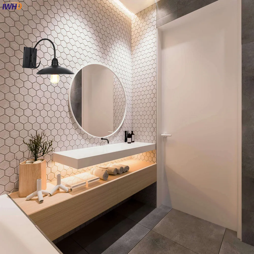 IWHD American Country Retro LED Wall Lights For Home Lighting Black Metal Bathroom Mirror Stair Light Glass Vintage Wall Lamp