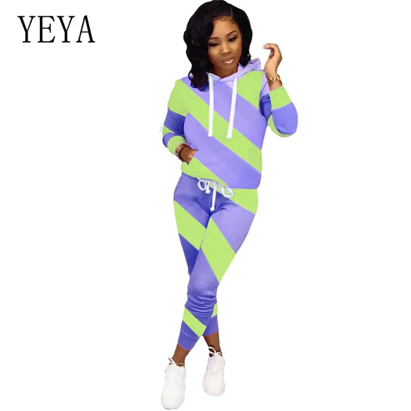 

YEYA Jumpsuits for Women Elegant Two-color Stitching Bodycon Bandage Playsuits Long Sleeve Hoodies 2 Pieces Sets Retro Overalls