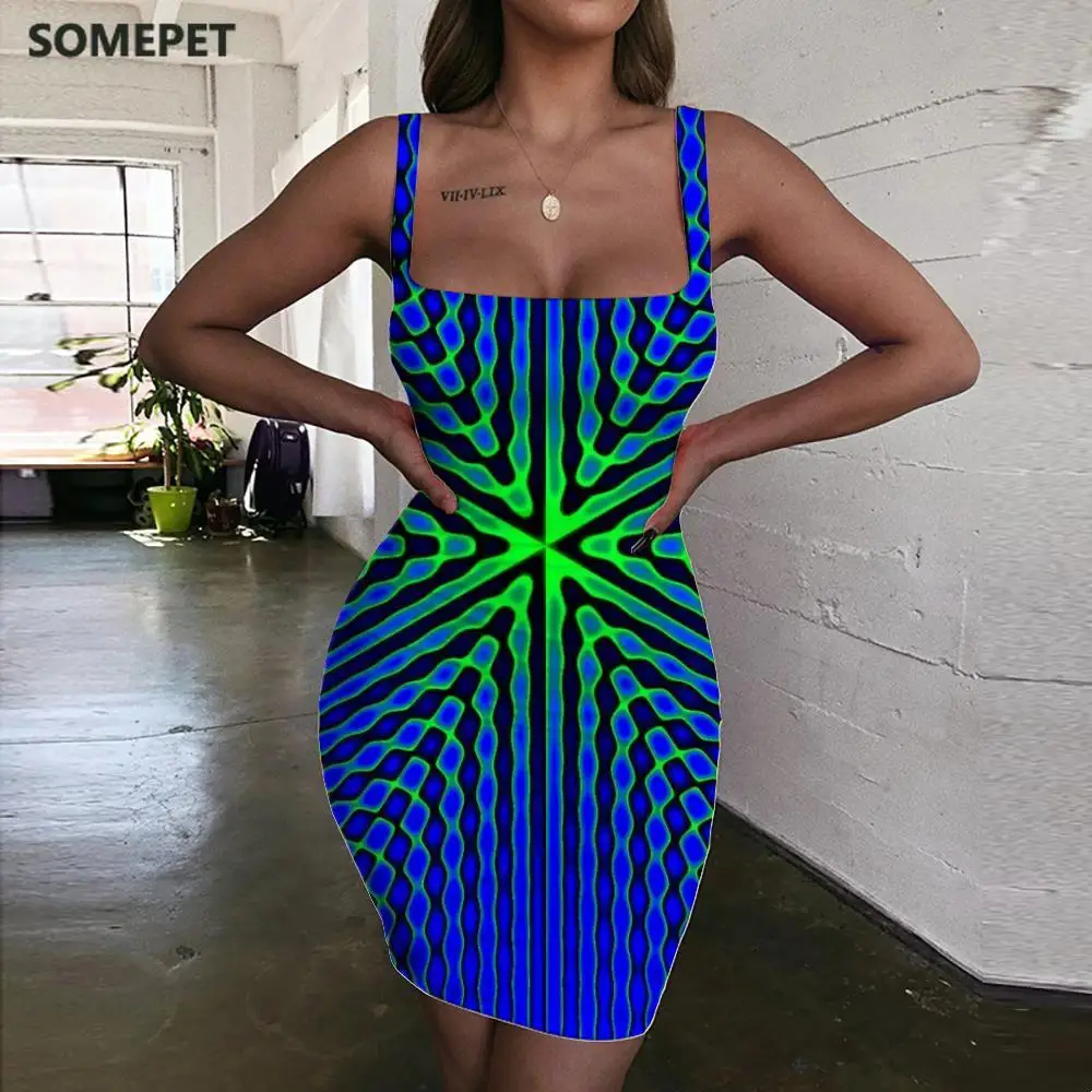 

SOMEPET Dizziness Dresses Women Colorful Sundress Psychedelic Ladies Dresses Abstract Vestido Sexy Womens Clothing Summer Short