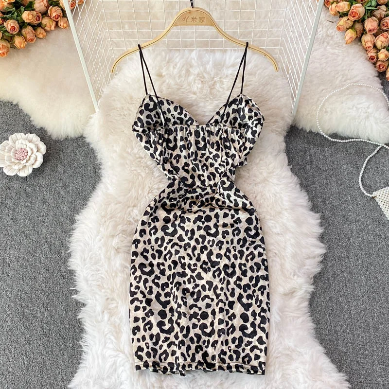 Leopard Print V-neck Sexy Bodycon Mini Dress Women Fashion Spring