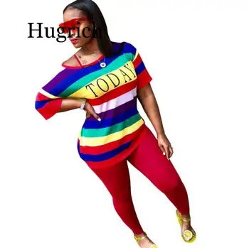 

2020 New Fashion Sprot Striped Casual Colorful Young Short Sleeve Top Long Pants Slim Elastic Women 2 Piece Set