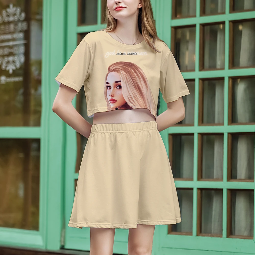 Ariana Grande/костюм с 3D короткой юбкой, Лидер продаж, футболка с короткими рукавами и короткая юбка, костюм из двух предметов, Новые повседневные комплекты высокого качества
