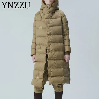 

YNZZU Luxury 2019 Winter Women's Down Jacket Solid Long Fluffy Warm Hooded Female White Duck Down Coat Loose Outwears A1329