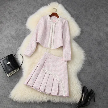 

2020 autumn winter women pink tweed jacket designer brand pearls beading outerwear and mini pleated skirt suit two piece outfits