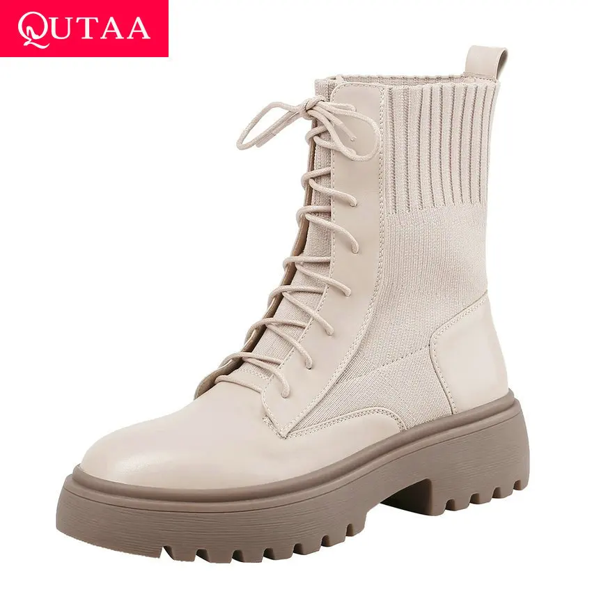 

QUTAA 2020 Patchwork Cow Leather Knitting Platform Ankle Boots Square High Heel Casual Round Toe Lace Up Women Shoes Size 34-39