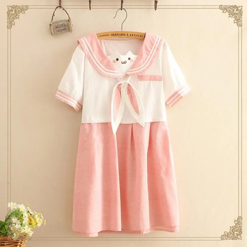 

2020 Japanese Style Sweet Women's Lovely Baggy Dress Cute Rabbit Dress Loose Sailor Colar Dresses Preppy Style Clothes p1477