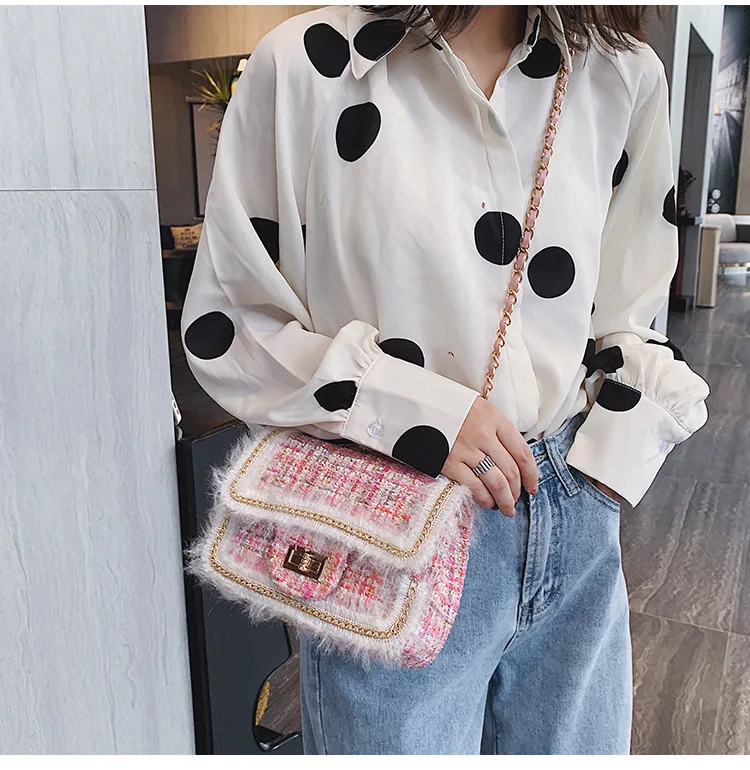 2019 Winter Top Brand Luxury Design Handbag Purse for Women Classic Tweed Flap Shoulder Bag Ladies Wool Plaid Mini Crossbody Bag (7)