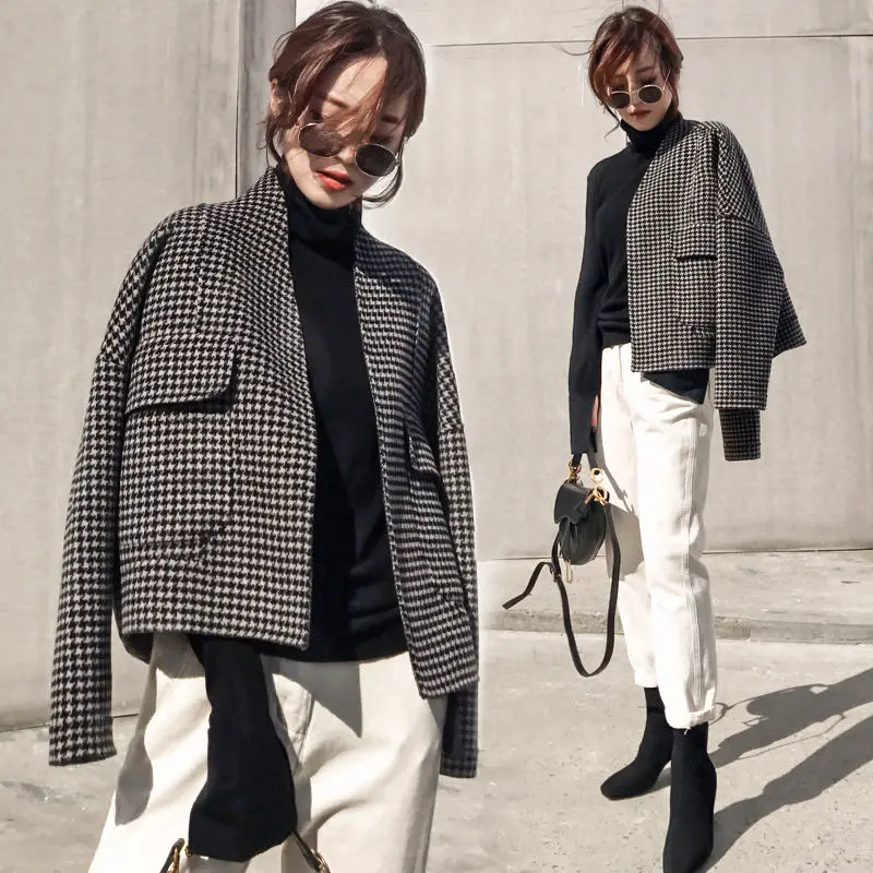 

Women Woolen Jacket Korean version New Female Plaid Loose Coat Autumn Winter Plus Size Cardigan Pockets Short Outerwear CC277