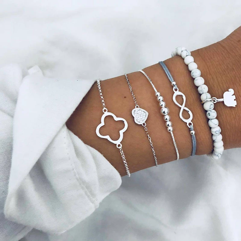 Ensemble De Bracelets D Amitie Pour Femmes 5 Pieces Ensemble De Perles Elephant Amour Infini Fleur Ajouree Quatre Feuilles De Trefle Manchette Aliexpress