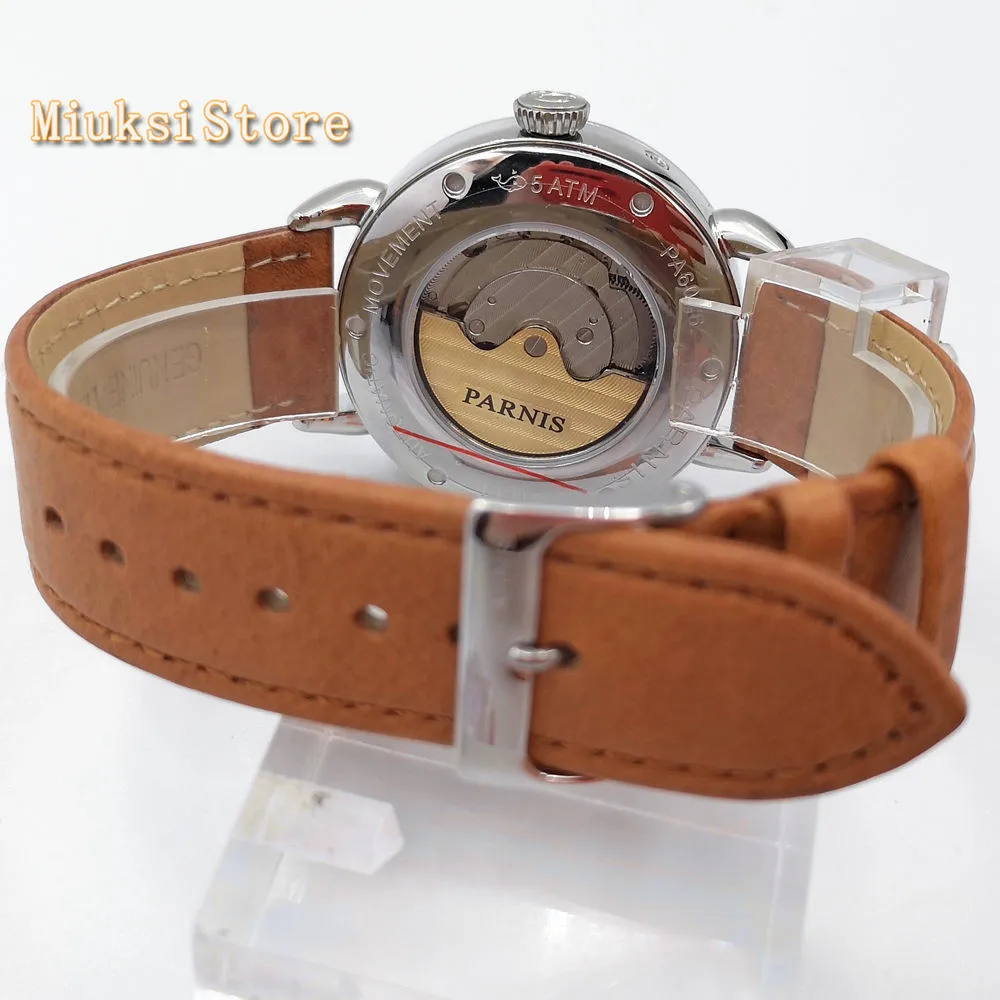 42mm top brand Parnis new men's mechanical watch silver case date leather seagull 1731 automatic movement fashion watches