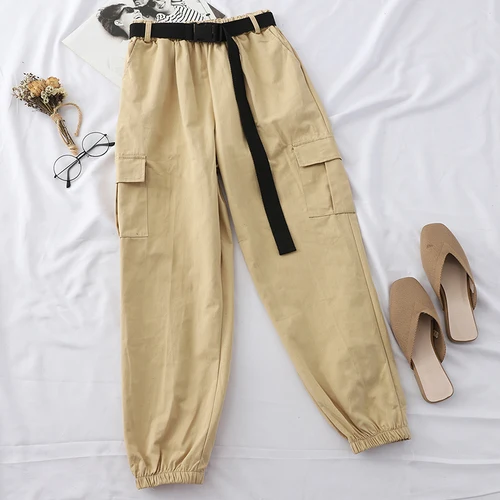 light khaki pants Neploe Harajuku уличные брюки карго Женские повседневные джоггеры спортивные штаны с высокой талией свободные женские брюки корейский пояс - Color: light khaki pants