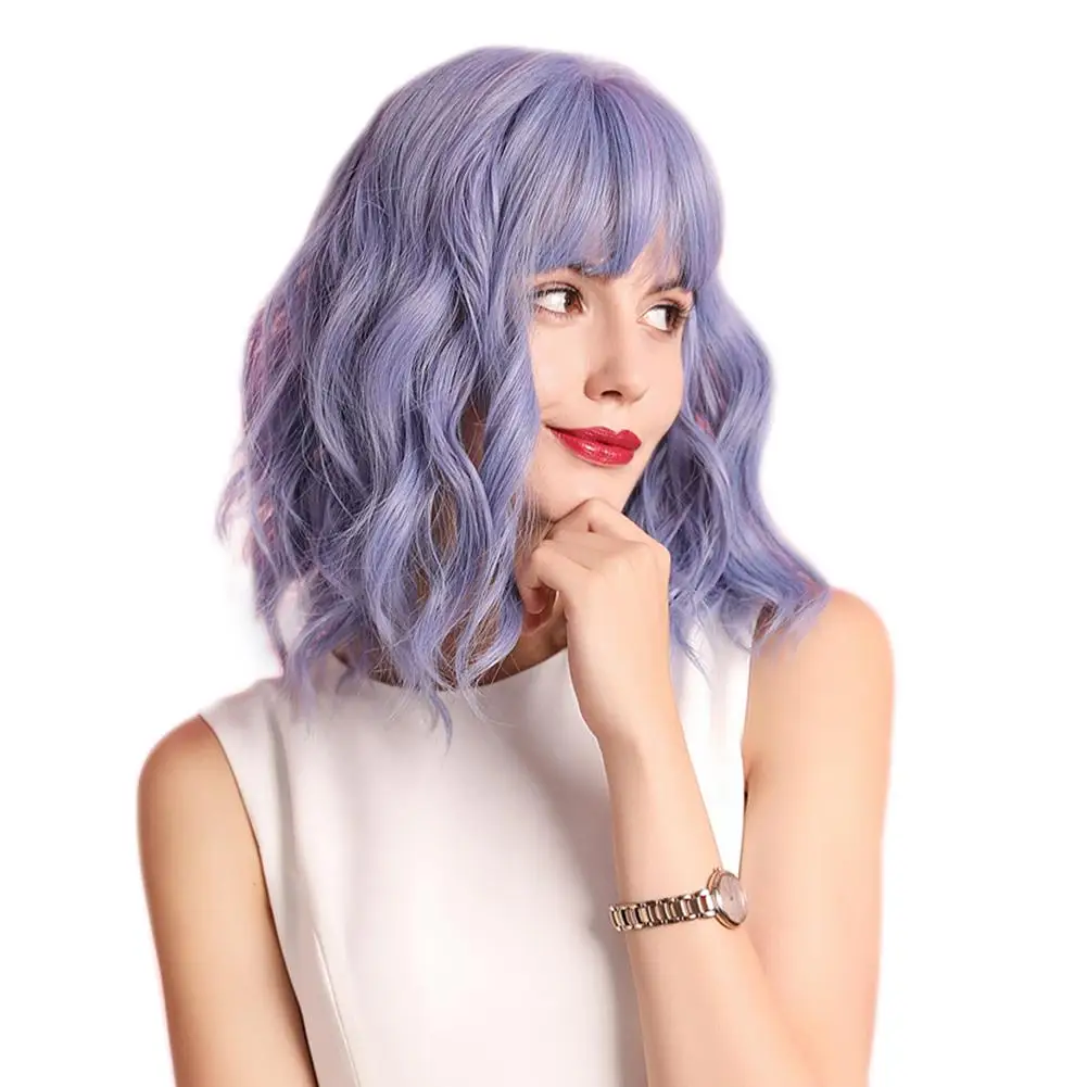 

Wavy Bob Wig Fashion High Temperature Silk Synthetic Fiber Violet Curly Hair Christmas Halloween Party Wig Cap Beauty Makeup