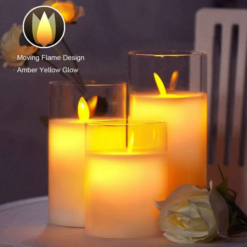 

3pcs USB Rechargeable LED Flameless Pillar Candle set Flickering Moving Dancing Wick Paraffin Real Wax Remote controlled w/Timer