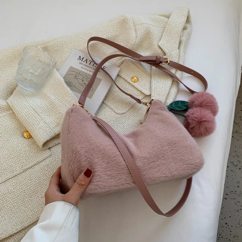 

Winter New Cherry Plush Bag Women Fashion Casual fax fur Shoulder Handbag Solid Color Japan Korea Chain Crossbody Bag Female