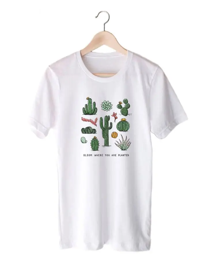 

BLOOM WHERE YOU ARE PLANTED BOTANICAL CACTI T Shirt Women Funny Summer Cactus Graphic Tees Camiseta Mujer