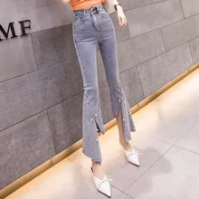 Новые женские Необычные Стрейчевые обтягивающие джинсы с открытым носком расклешённые джинсовые брюки для девочек, женские модные винтажные джинсы Nancylim, лето-осень