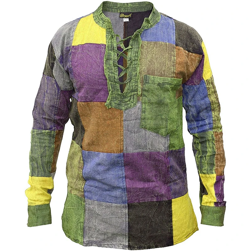 Vintage Color Block Patchwork Long Sleeve Shirts For Men Casual Lace-up Stand Collar Tops Autumn Mens Harajuku Streetwear