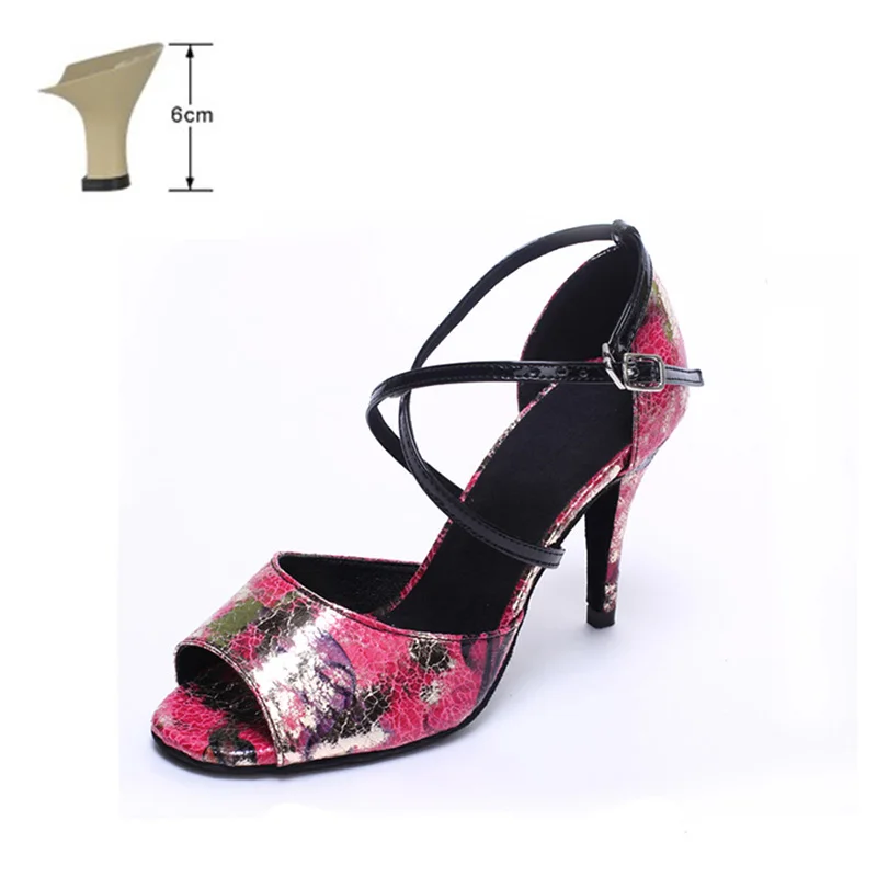 red 6cm indoor Женские туфли для латинских танцев 10/8, 5/7, 5, 6 см, с принтом, из PU искусственной кожи, на высоком каблуке, с мягкой подошвой, бальные туфли для танго - Цвет: red 6cm indoor