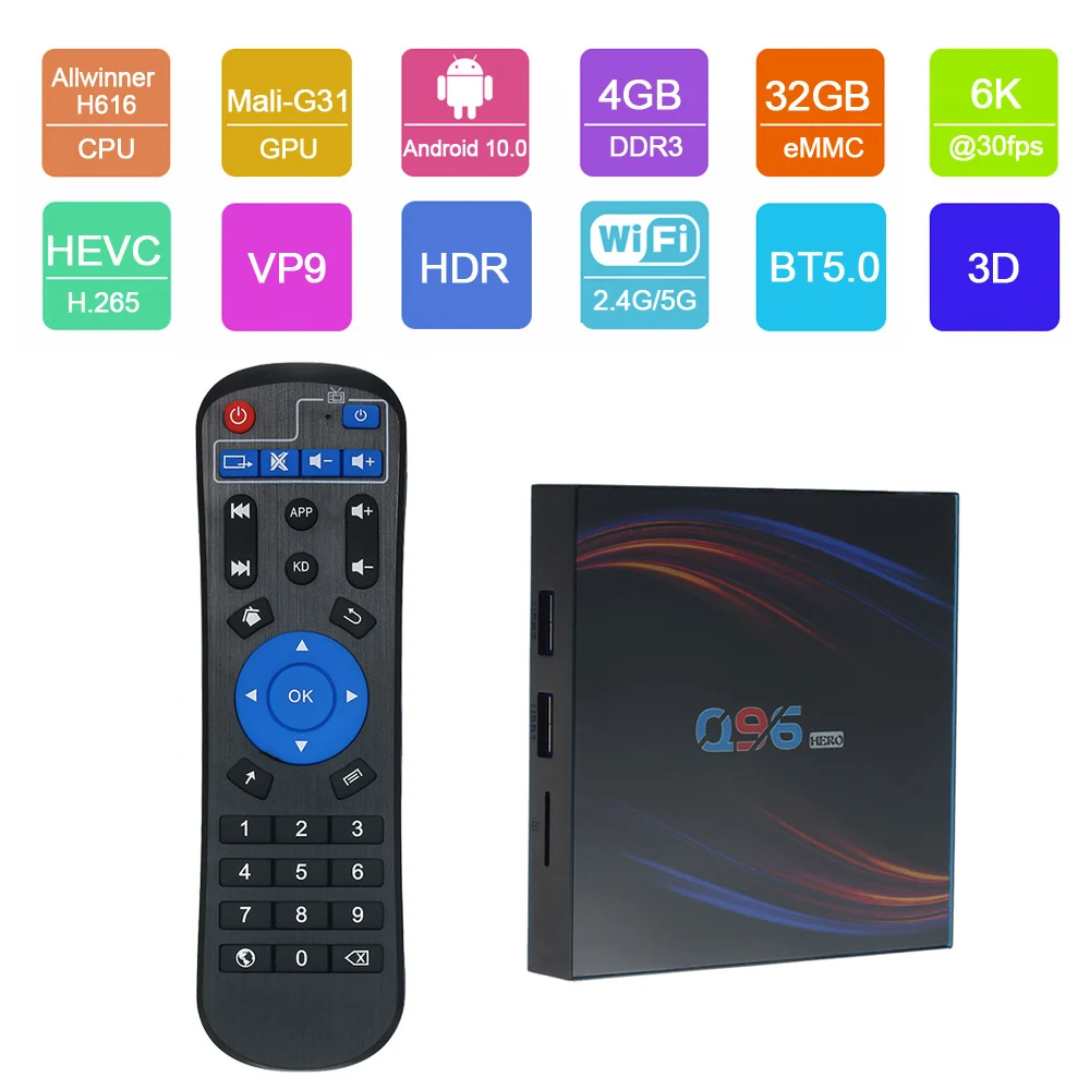 Q96HERO Android 10 0 Smart TV Box Allwinner H616 4 ГБ 32 UHD 4K медиаплеер 6K HDR 2 4G & 5G WiFi BT5.0 100 м LAN