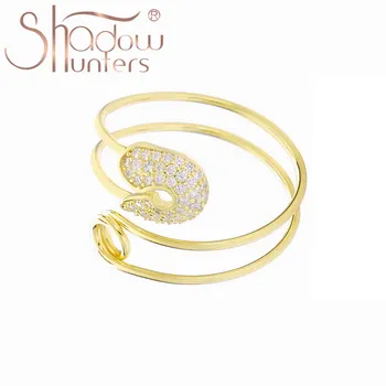 

SHADOWHUNTERS Authentic 925 Sterling Silver Curved Safty Pin Adjustable Rings For Women Clear Zircon CZ Open Rrings Gold Color