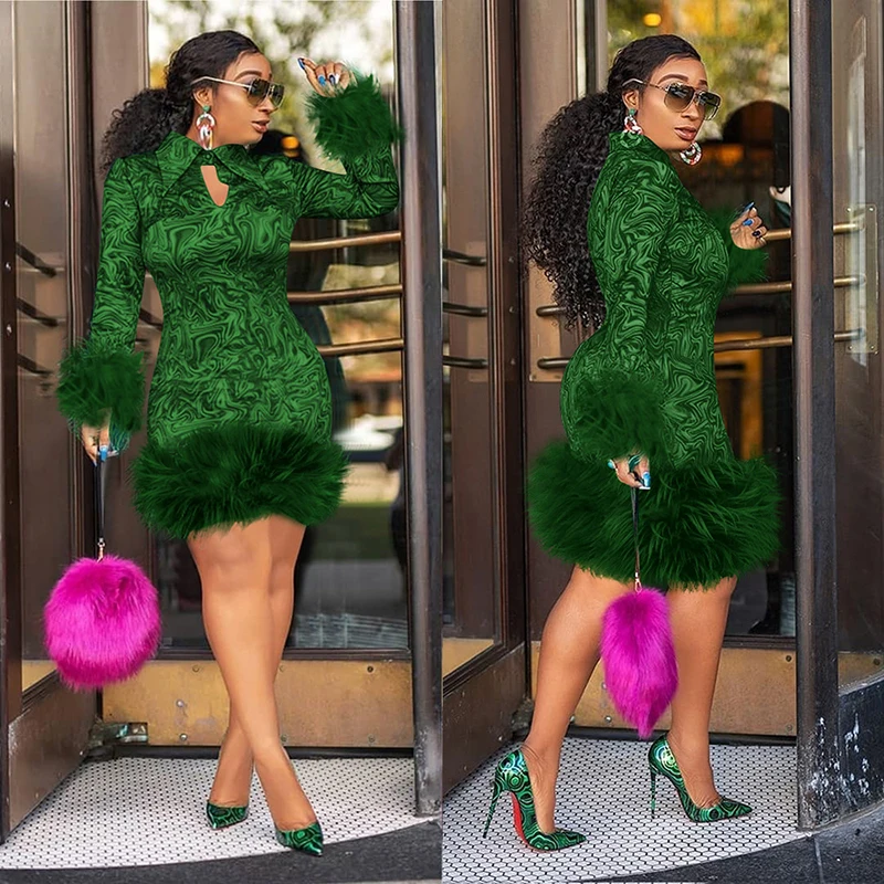 MD Woman Winter Dress 2022 African Print Feather Dress For Women Long Sleeve Evening Party Dress Plus Size 5XL European Clothing