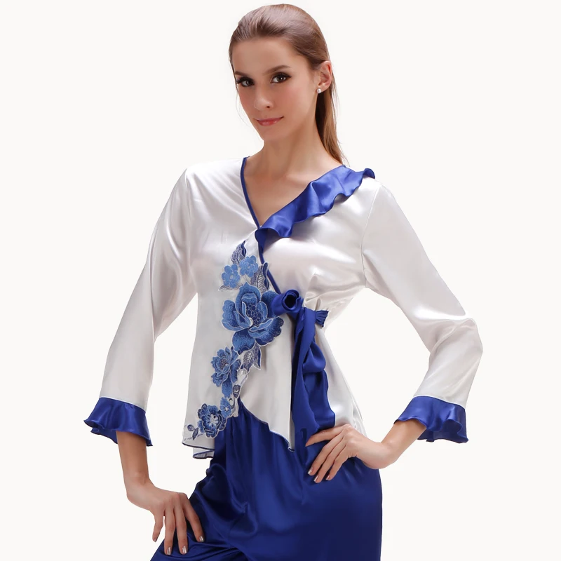 Синяя белая шелковая пижама женская одежда для сна Атласный пижамный комплект с